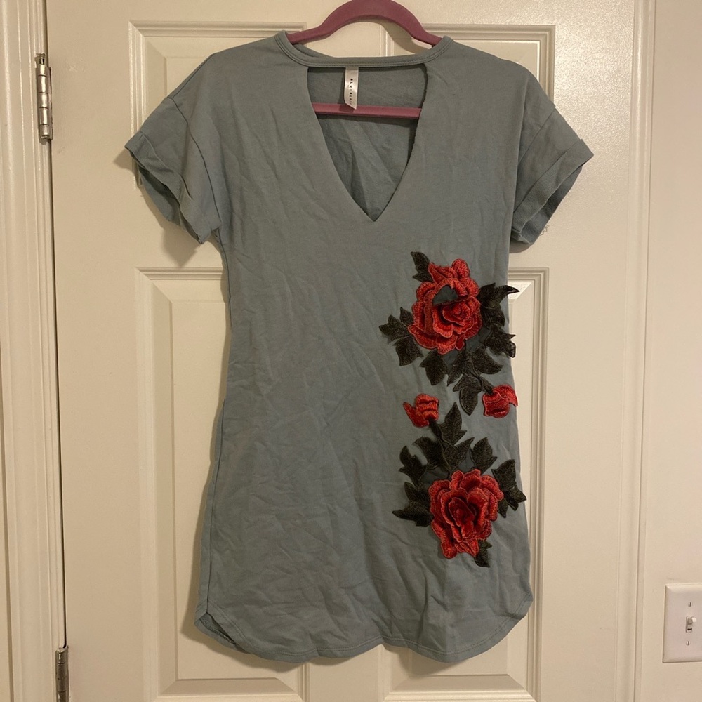 Dusty blue with rose flower 3D embroider accents. Dress